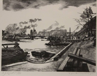 Auktion <br>Jacques Armand ROULLET (1903-1995), Hafenansicht, Xylographie, franz. betitelt, gerahmt/Glas, RG 36,5 x 45cm. [1]