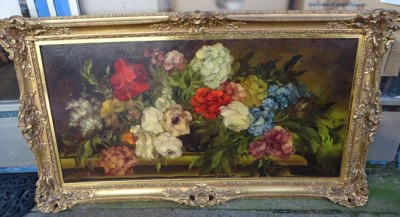 Auktion <br>Heinrich GAROSSA (1902-?) , grosses Blumengemälde auf Leinen, gut gerahmt, RG 68x115 cm (Achtung-Sperrgut) [1]