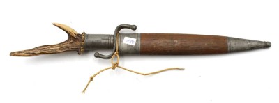 Auktion <br>alte Jagdmesser, 19. Jhd., Geweihgriff, Lederscheide, Altersspuren, L-34cm. [1]