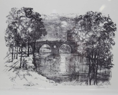 Auktion <br>Horst HAUSOTTE (1923), Brückenansicht Weimar, Litho, Nr. 5/20, gerahmt/Glas, RG 40 x 53cm. [1]