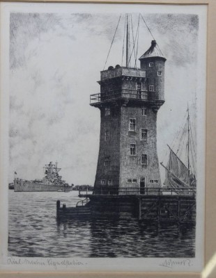 Auktion <br>unleserl. signiert,  Marie Signalstation Kiel, Radierung, ger.,/Glas, RG 41 x 34,5cm. [1]