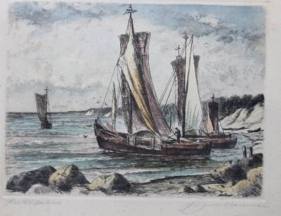 Auktion <br>unleserl.signiert, Boote am Strand, Farbradierung, ger./Glas, RG 24 x 29cm. [1]