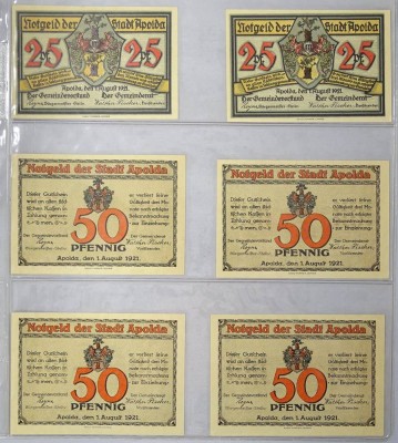 Auktion 344<br>6x Notgelscheine 1921, Stadt Apolda [1]