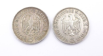Auktion 344<br>2x 5 Reichsmark 1936, Paul von Hindenburg, zus.27,8g. [1]