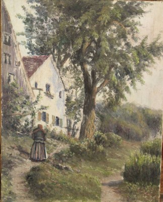 Auktion <br>u.l. undeutl. signiert, Bäuerin vor Haus, Öl/Leinwand, wohl um 1900, ungerahmt, 48 x 37,5cm. [1]