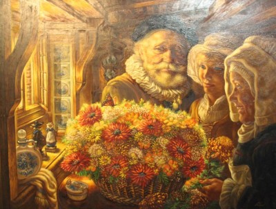 Auktion <br>Dan, Personen mit Blumenkorb, Öl/Hartfaser, wohl Niederlande, 79 x 104cm. [1]