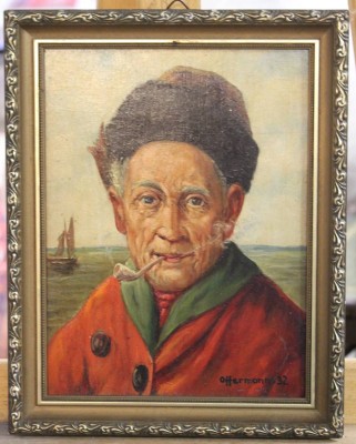 Auktion <br>Offermann'32, Pfeifenraucher, Öl/Hartfaser, gerahmt, RG 29 x 23cm. [1]