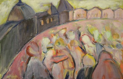 Auktion <br>anonym, Personengruppe, Öl/Hartfaser, ungerahmt, 30 x 45cm. [1]