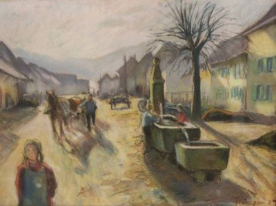 Auktion 369<br>unlerserl. signierte Gouache, Strassenzene, datiert (19)29, gerahmt/Glas, RG 57 x 67cm. [1]