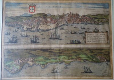 Auktion 344<br>Stadtplan von Lissabon, handcoloriert, um 1700, ger/Glas, RG 53x65 cm [1]