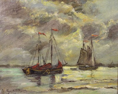 Auktion 358<br>unleserl. signiert, Boote, Öl/Leinwand, gut gerahmt, RG 33 x 38cm. [1]