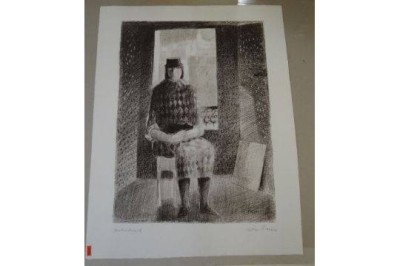 Auktion 360<br>unleserl. sign. Lithografie, Frau vor Fenster, BG 65x50 cm, Probedruck [1]