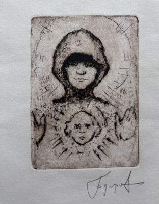 Auktion 351<br>unleserl. signierte kl. Radierung, 8x6 cm, BG 21x14,5 cm [1]