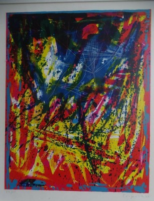 Auktion 364<br>Antonio CORPORA (1909-2004), ohne Titel, wohl Serigraphie, ger/Glas, (unt.li. mit Loch), 71x61 cm (Sperrgut) [1]