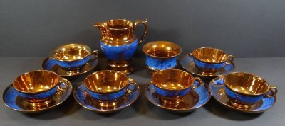 Kupferlüster Teeservice, 14 Teile, 6 Tassen mit U.T., Milch und Kandisschale,