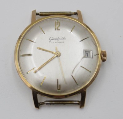 Auktion 347<br>Herrenarmbanduhr, Glashütte, 17 Rubis, Werk läuft kurz an (2sec.), Alters-u. Tragespuren, ca. D-3,5cm [1]