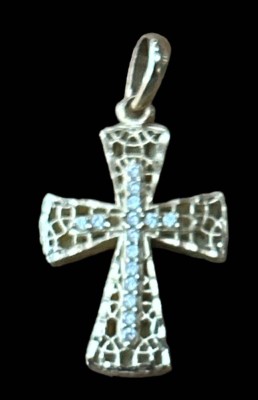 Auktion 347<br>kl. Brustkreuz -585- mit klaren Steinen (2 fehlen), 1,4 gr., ca. 3x1,7 cm [1]