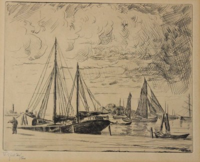 Auktion 347<br>unleserl.signiert, Boote im Hafen, Radierung, ger./Glas, RG 32 x 35,5cm. [1]