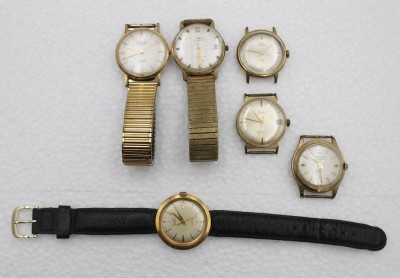 Auktion 347<br>6x div. Vintage-Herrenarmbanduhren, Ducado, Dugena, Marcena, Eldor, Intex u. Londor, Werke laufen an, Tagrespuren, 3x ohne Armband, ca. D-3,4cm. [1]