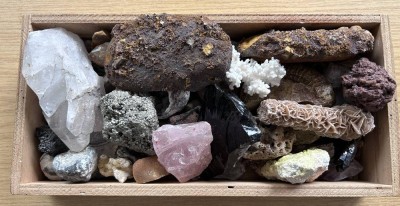 Auktion <br>Holzkasten mit ca. 50 Teilen Versteinerungen, Halbedelsteinen und Mineralien [1]