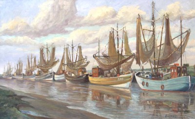 Auktion 348<br>Frido Kleine, Fischkutter im Hafen, Öl/Hartfaser, gerahmt, RG 66 x 96,5cm, Sperrgut! [1]