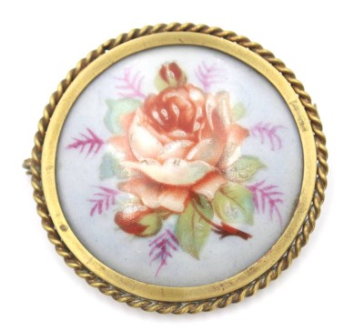 Auktion <br>runde Porzellanbrosche, floral bemalt, Metallfassung, D-5cm [1]