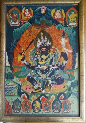 Auktion 348<br>Schwarzgrund tibetan. Thangka Shadbuya Mahakala auf Platte, gerahmt, RG 66x47 cm [1]