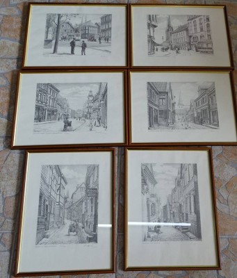 Auktion 356<br>6x Solingen Ansichten, sign. Grafiken, ger/Glas, RG 40x30 cm [1]