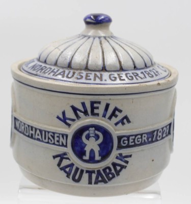 Auktion 348<br>Nordhäuser Tabakstopf, Kneiff Kautabak, Deckel geklebt, H-17cm D-19cm [1]