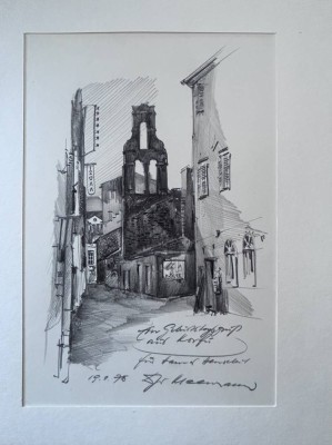 Auktion 348<br>unleserl. sign. aquarellierte Zeichnung 1975, Widmung für Hans Henseleit, Motiv auf Korfu, in PP, MG 24x17 cm [1]