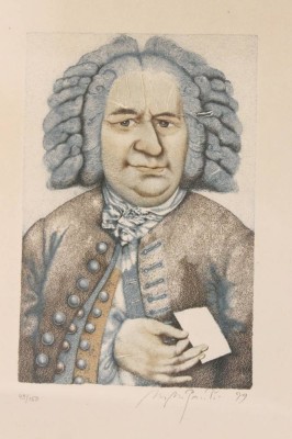 Auktion 349<br>Michael Mathias PRECHTL (1926-2003), Johann Sebastian Bach (1979), Farboffsetlithographie, Nr. 49/150, ger./Glas, RG 40,4 x 30,4cm [1]
