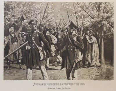 Auktion 349<br>Druck, Ausmarschierende Landwehr 1813, ger./Glas, RG 56 x 68cm [1]