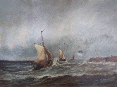 Auktion <br>Hugh VAN DONGEN (XX), Boote vor Küste, Öl/Leinwand, 1x Druckstelle, gerahmt, RG 71,5 x 91cm [1]