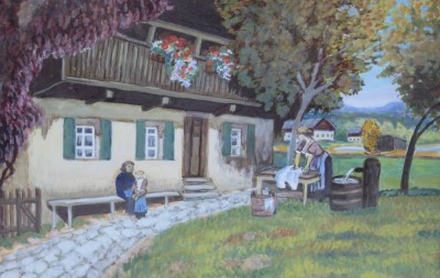 Auktion 349<br>Gebirgshaus mit Personen, naive Malerei, ger./Glas, RG 33,5 x 38,5cm [1]