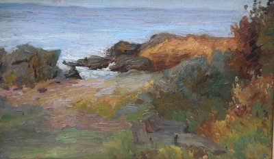 Auktion 349<br>unsignierte Landschaft, Öl/Hartfaser, verso beschrieben ?, gerahmt, RG 22 x 30,5cm [1]