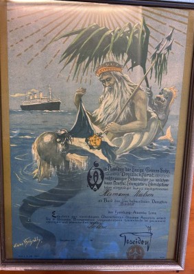 Auktion 349<br>Äquator Taufbescheinigung, um 1930,  Hamburg-Amerika-Linie, ger/Glas, RG 38x28 cm [1]