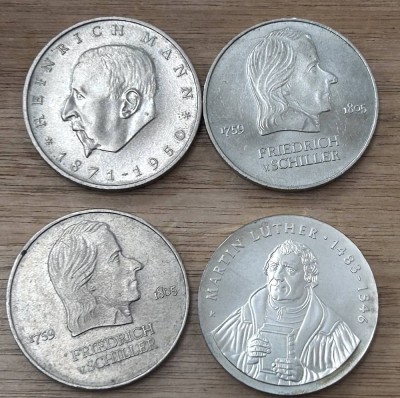 Auktion 349<br>4x 20 Mark, DDR, 2x Schiller 1972-, 1x Martin Luther 1983 (vz), 1x Heinrich Mann 1971 [1]
