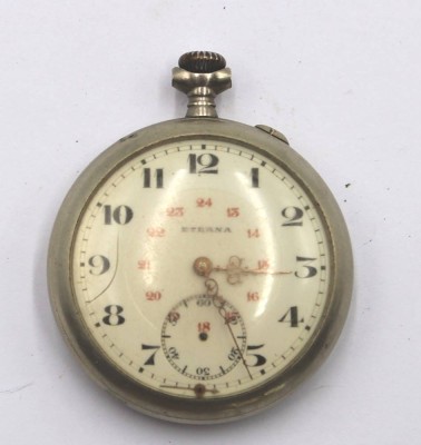 Auktion 349<br>Taschenuhr, Eterna, 30er Jahre, Kronenaufzug, Werk läuft, Sekunde lose innenliegend, Glas mit Riss, Ringe fehlt, Gehäuse mit Druckstellen, D-5cm [1]