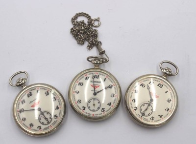 Auktion 349<br>3x div. russische Taschenuhren je Rückendeckel mit Eisenbahn, 2x Werke laufen, 1x defekt, ca. D-5cm [1]