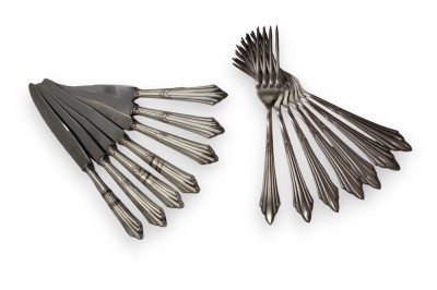 Auktion 349<br>je 6x Messer und Gabeln, WMF Fächermuster, 90er Auflage, L-21 u. 18cm [1]