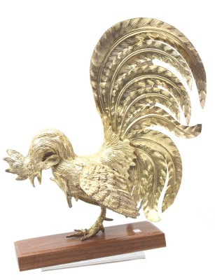 Auktion <br>Kampfhahn auf Holzstand, Messing, H-34cm L-31cm [1]