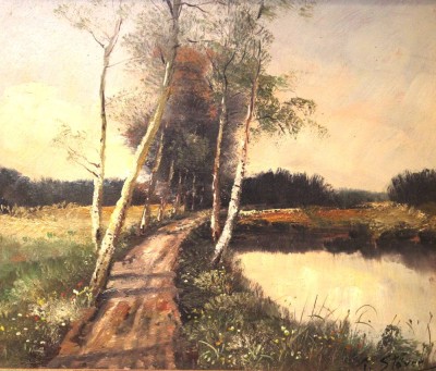 Auktion 350<br>Paula STÖVER (1916/18-1982) , Birkenallee, Öl/Hartfaser, gerahmt, RG 31 x 36cm [1]