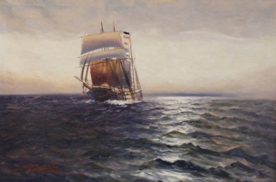 Auktion 357<br>Alfred JENSEN (1859-1935),  Segler auf See, Öl/Leinwand, gerahmt, RG 65,5 x 90cm, Sperrgut! [1]
