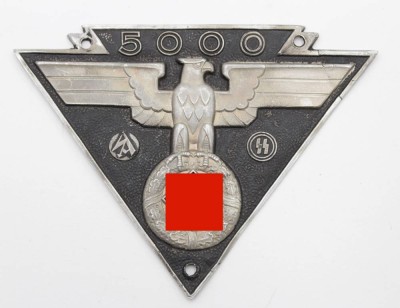 Auktion 350<br>5000 KM Motor-Rennen-Plakette, SA/SS, 3. Reich, ca. 8,5 x 11,5cm [1]