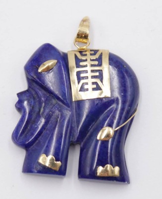 Auktion 350<br>Anhänger, Lapis-Elefant mit 333er GG Auflage, 3,2 x 2,5cm [1]