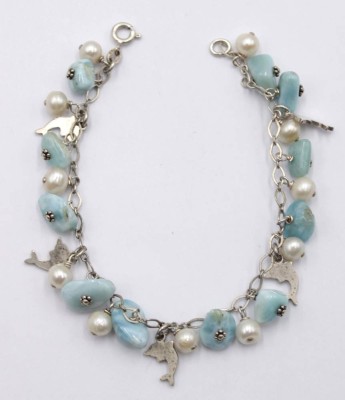 Auktion <br>925er Silber-Armband, Italien. Perlen und hellblau/weiße Steine, L-19cm [1]
