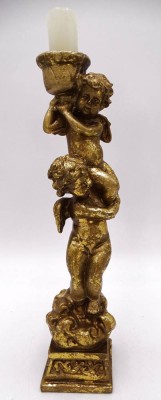 Auktion 350<br>einzelner Kerzenhalter, getragen von 2 Putti, wohl Pressholz bronziert, H 19 cm [1]