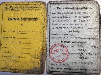 Auktion 350<br>Wehrmachts-Fahrlehrerschein, Betriebsberechtigungsschein für Anthrazit und Holzgas-Generatoren, Arbeitsbuch, Scheine beide schlechten Zustand [1]