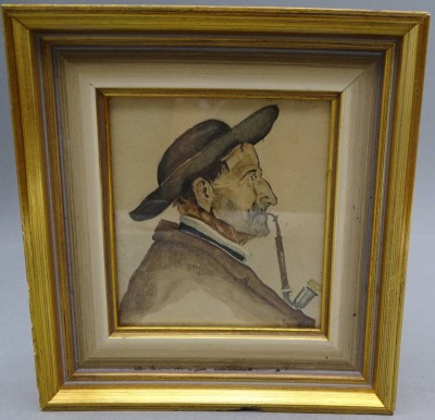 Auktion 350<br>Egner (oder ähnl.?) Pfeifenraucher, Aquarell,  ger/Glas, RG 19x16,5 cm [1]