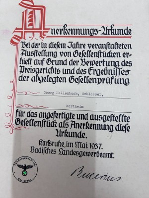Auktion 350<br>3x Teilnahme-Urkunden, Arbeitswettkampf etc, 3.Reich, für G. Hollenbach [1]